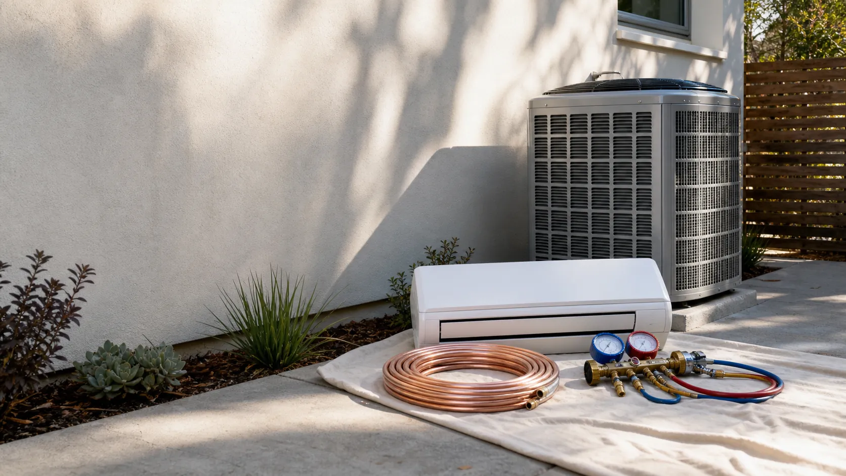 Close-up of a new high-efficiency HVAC condenser, a ductless mini-split head, and brass manifold gauges arranged along the side yard of a Bay Area home.